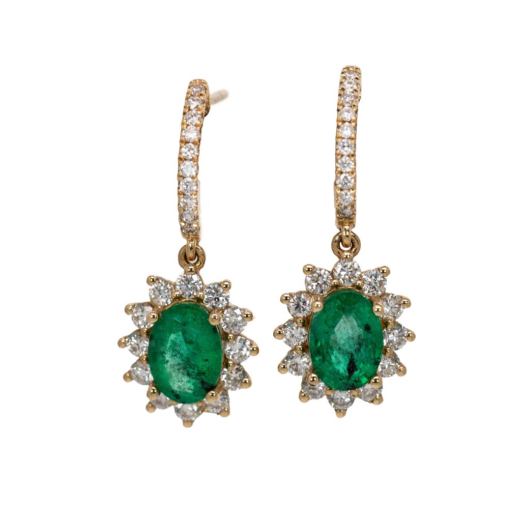 Zambian Emerald Earrings With Natural Diamonds In Solid 14k Gold